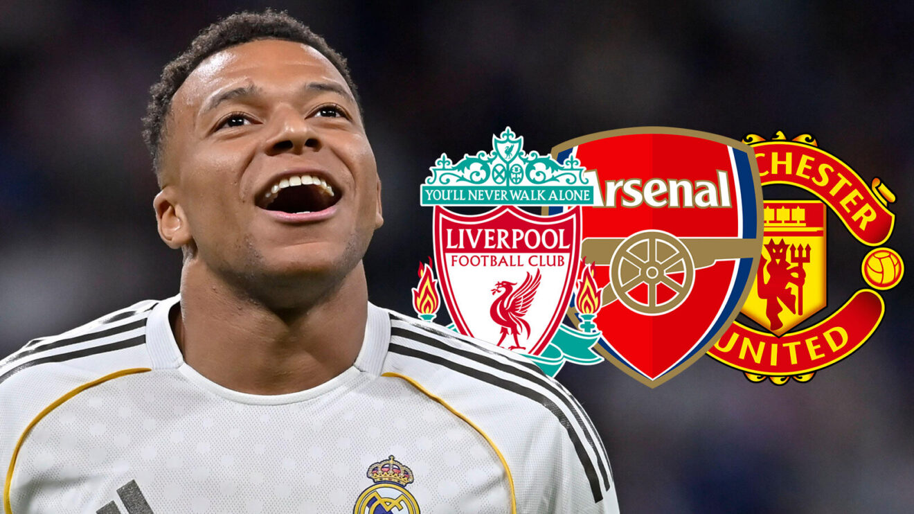 Kylian Mbappe and the badges of Liverpool, Arsenal and Manchester United.