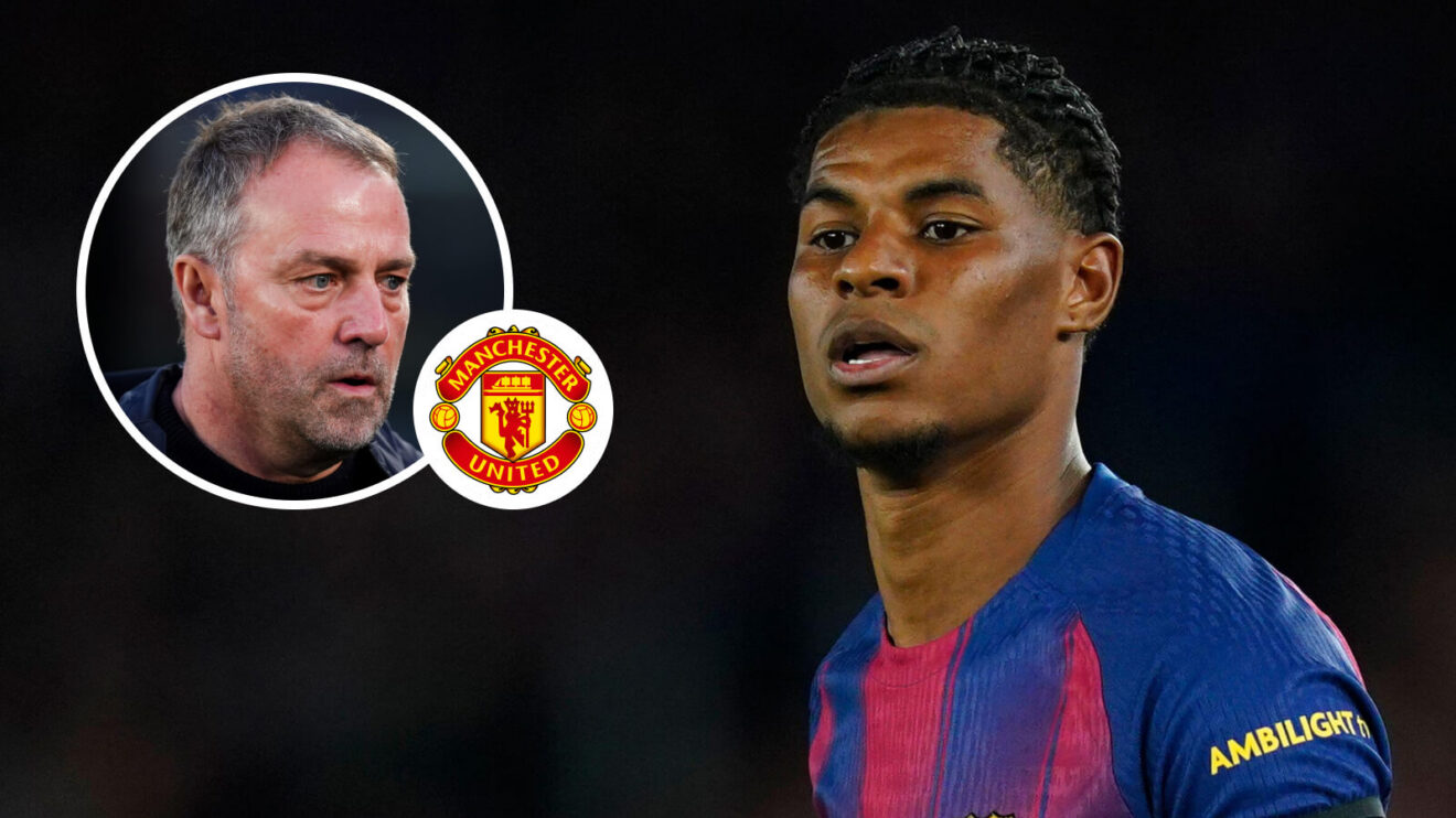 Barcelona boss Hansi Flick, Manchester Joined badge and also Marcus Rashford - copyright F365