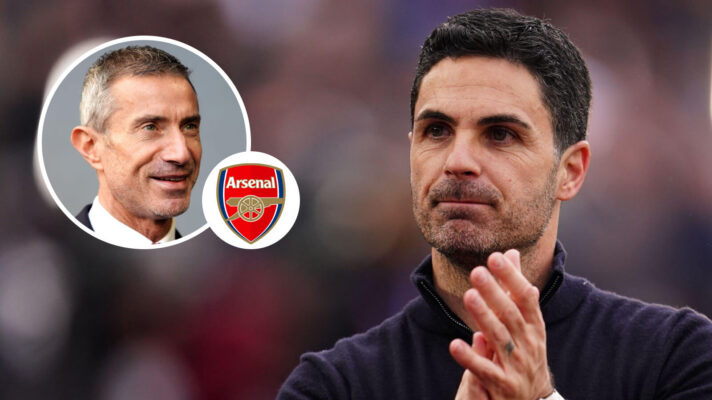 Andrea Berta, Arsenal badge and Arsenal manager Mikel Arteta - copyright F365