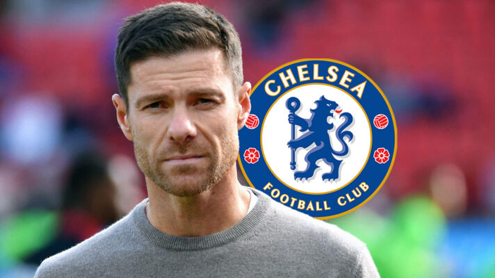 Xabi Alonso next to Chelsea badge