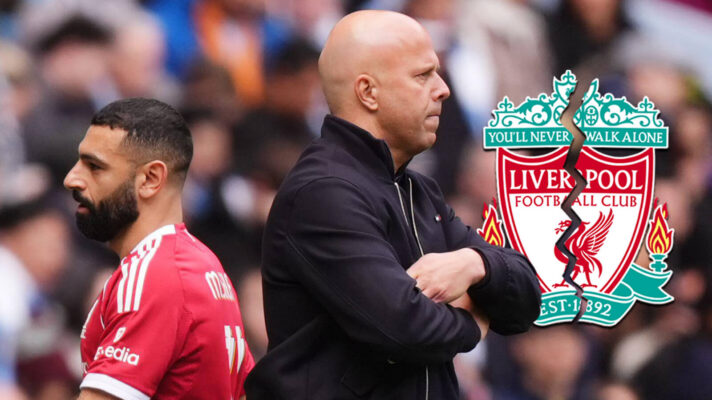 Liverpool duo Mohamed Salah and Arne Slot next to a broken Liverpool badge - copyright F365