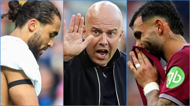 Leeds striker Dominic Calvert-Lewin, Liverpool coach Arne Slot and West Ham player Taty Castellanos