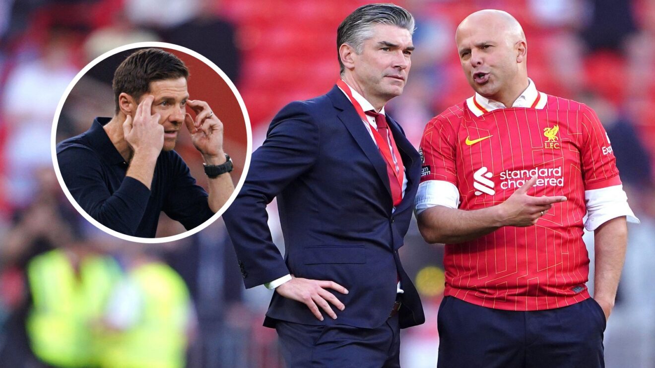 Richard Hughes, Arne Slot and, inset, Xabi Alonso.