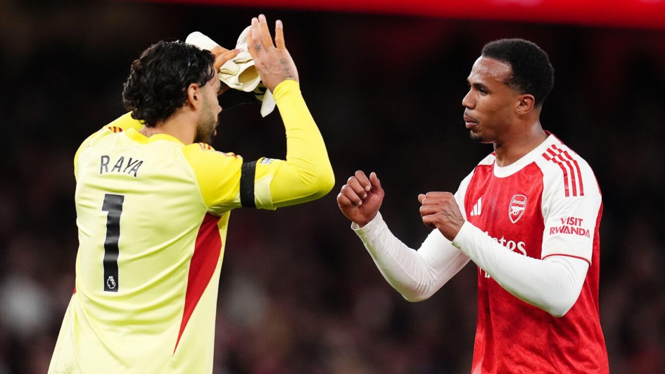 David Raya and Gabriel celebrate Arsenal win