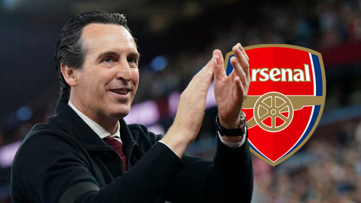 Aston Villa manager Unai Emery next to the Arsenal badge - copyright F365