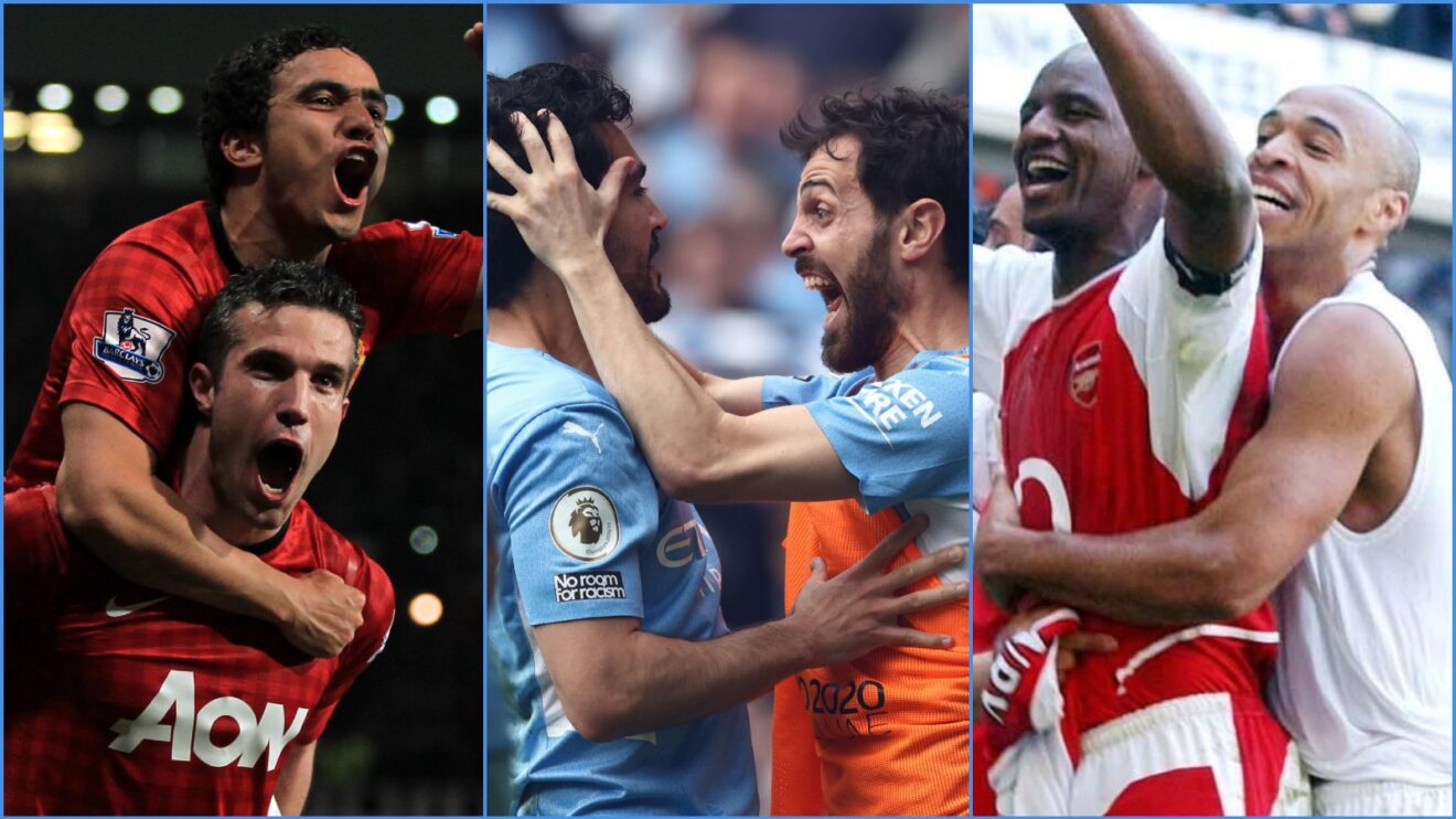 Manchester United, Manchester City and Arsenal players celebrate winning the title