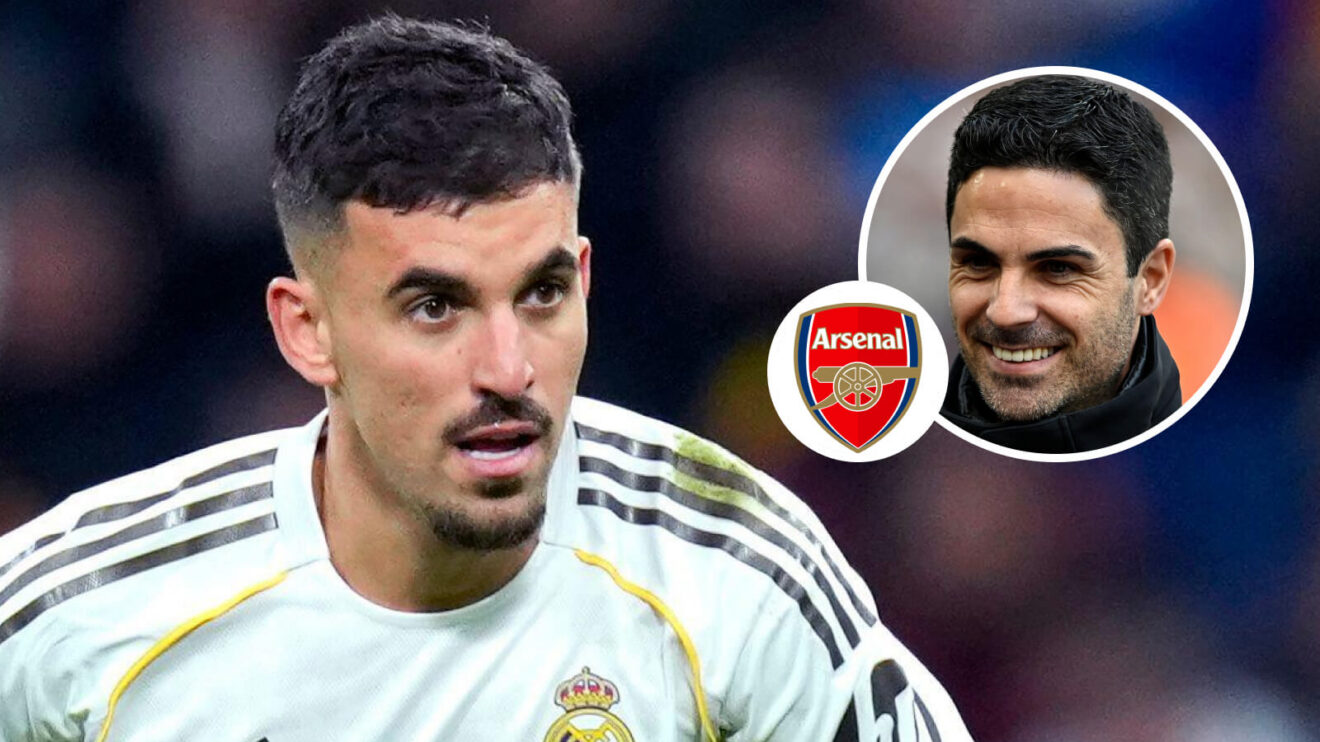 Real Madrid midfielder Dani Ceballos, Arsenal badge and Mikel Arteta - copyright F365