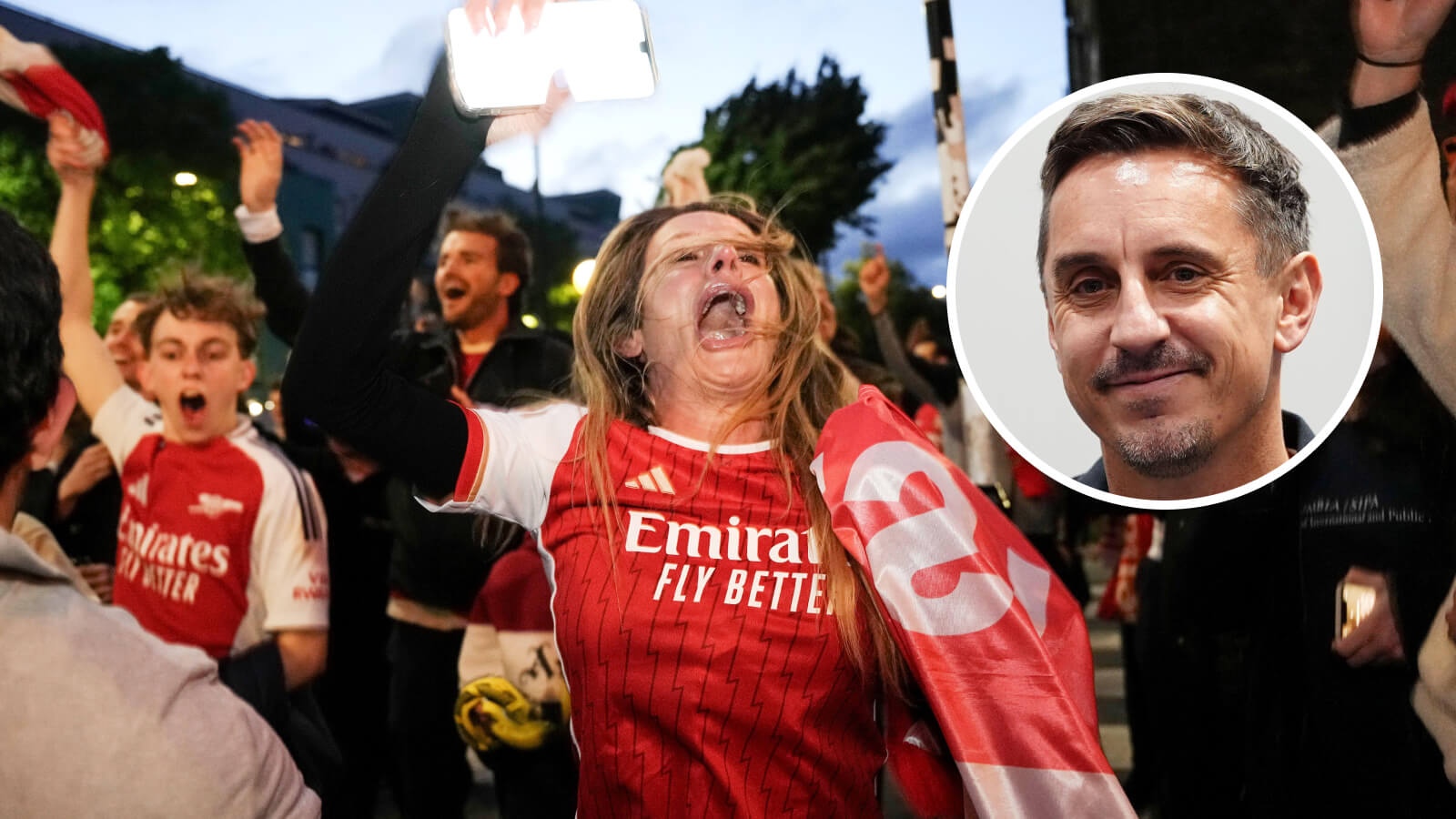 Arsenal fans celebrate winning the title with Gary Neville inset