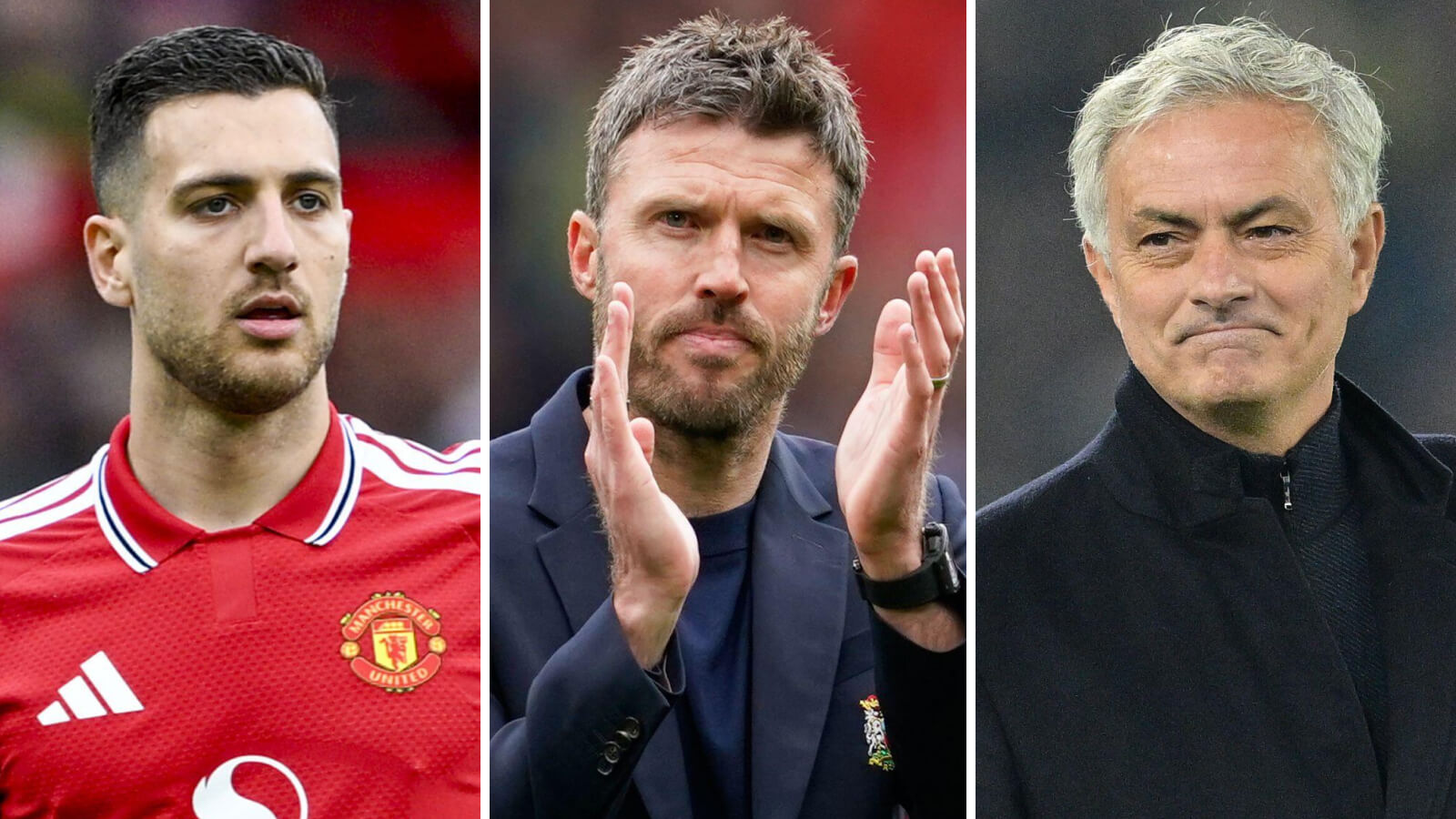 Three Images Collage Diogo Dalot Michael Carrick Jose Mourinho