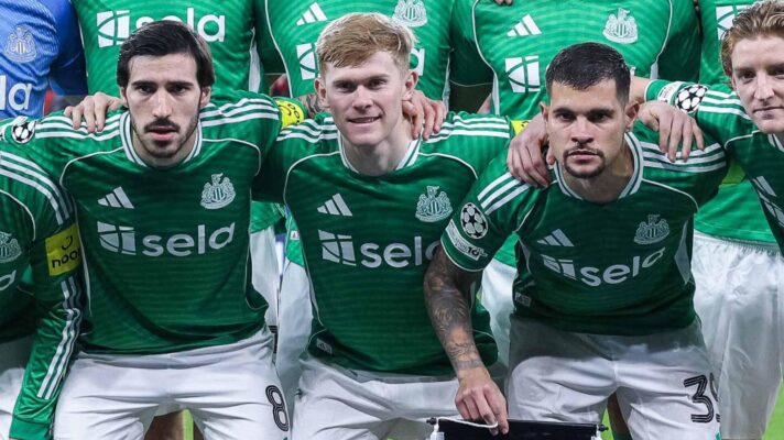 Sandro Tonali, Lewis Hall and Bruno Guimaraes.