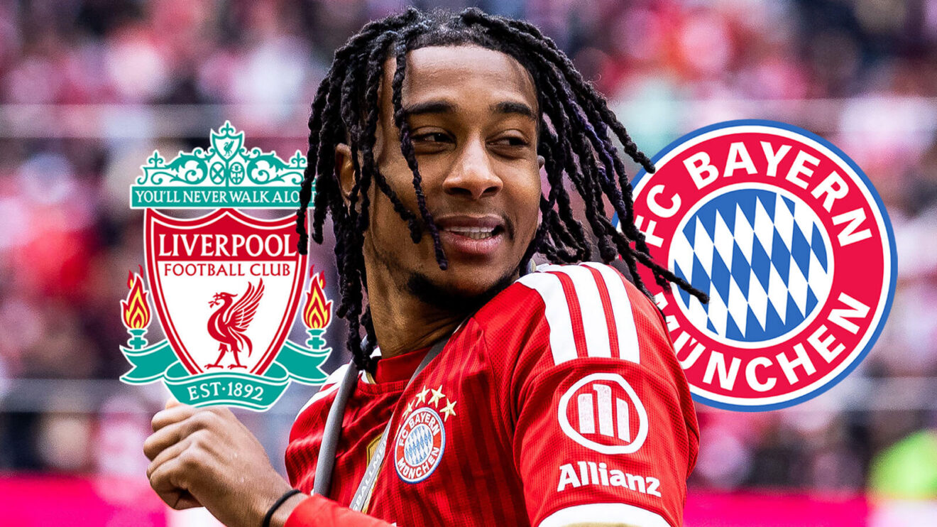 Liverpool badge, Michael Olise and Bayern Munich badge - copyright F365