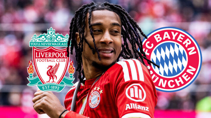 Liverpool badge, Michael Olise and Bayern Munich badge - copyright F365