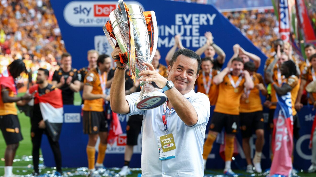 Hull owner Acun Ilicali celebrates promotion to the Premier League.