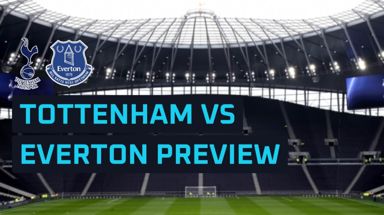 Tottenham and Everton badges on a backdrop of the Tottenham Hotspur Stadium
