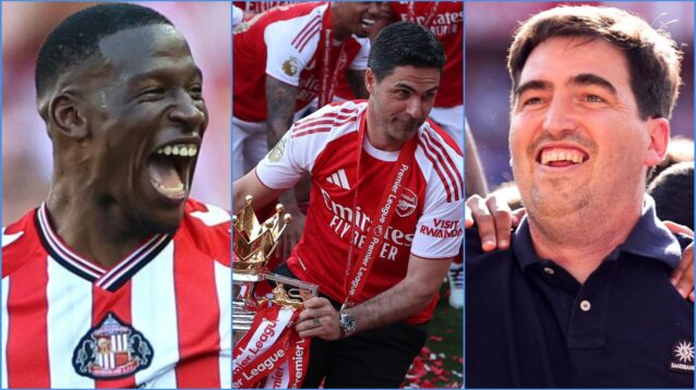 Sunderland player Nordi Mukiele, Mikel Arteta of Arsenal and Bournemouth's Andoni Iraola