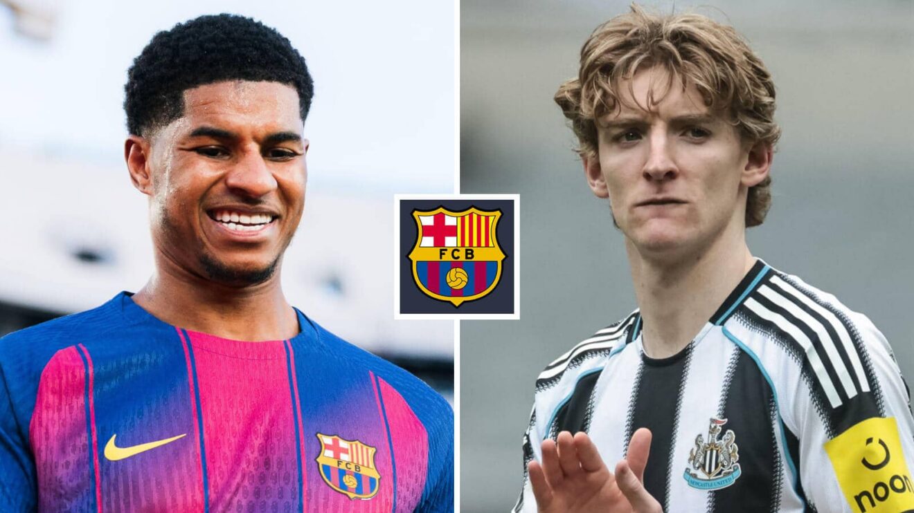 Pothole image of Manchester Joined-had Barcelona winger Marcus Rashford and Newcastle Joined winger Anthony Gordon doning the Barcelona badge in between – copyright F365