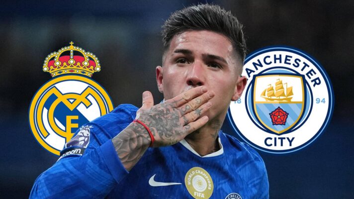 Real Madrid badge, Chelsea midfielder Enzo Fernandez and Manchester City badge - copyright F365