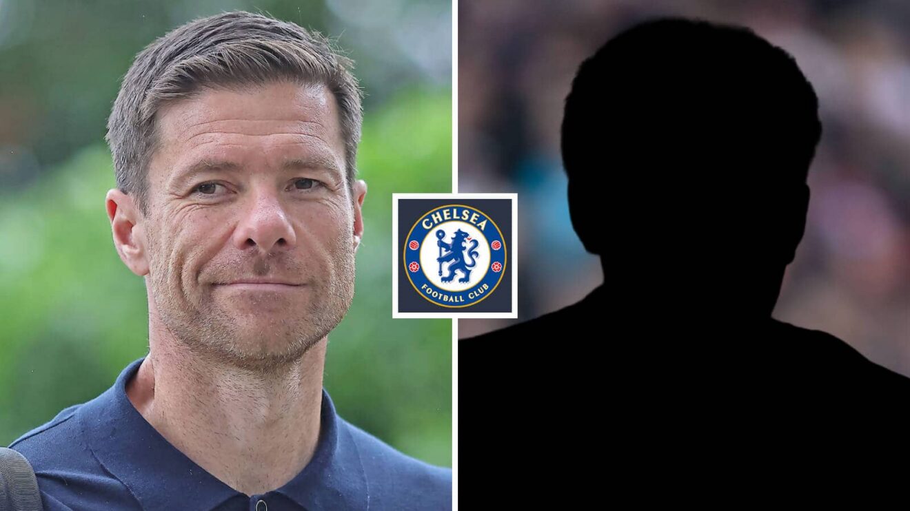 Split image of Incoming Chelsea manager Xabi Alonso and a shadow with the Chelsea badge in between - copyright F365