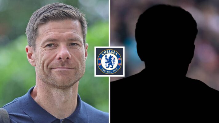 Split image of Incoming Chelsea manager Xabi Alonso and a shadow with the Chelsea badge in between - copyright F365