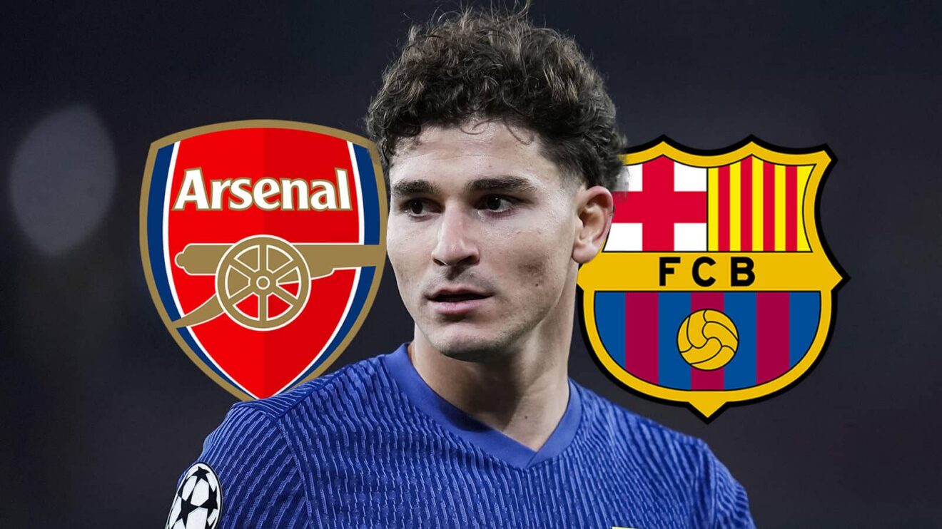 Arsenal badge, Atletico Madrid striker Julian Alvarez and also Barcelona badge - copyright F365
