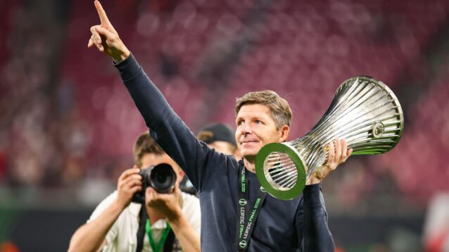 Oliver Glasner with the Europa Conference League trophy