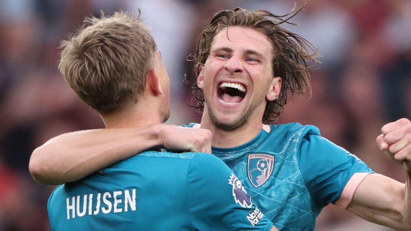 Former Bournemouth players Illia Zabarnyi and Dean Huijsen celebrate