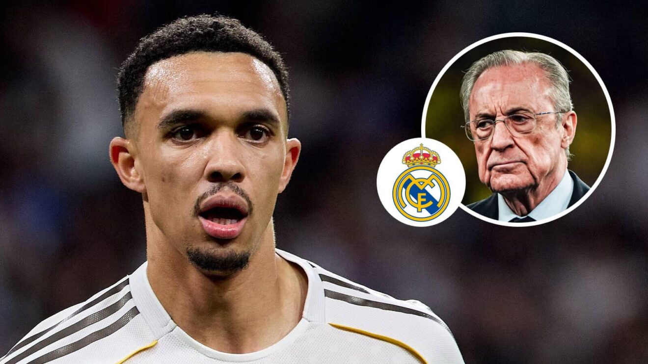 Real Madrid right-back Trent Alexander-Arnold, Real Madrid badge and Florentino Perez - copyright F365