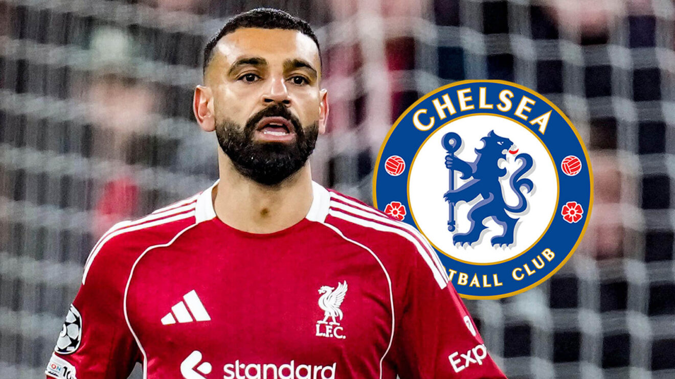 Liverpool forward Mohamed Salah and a Chelsea badge
