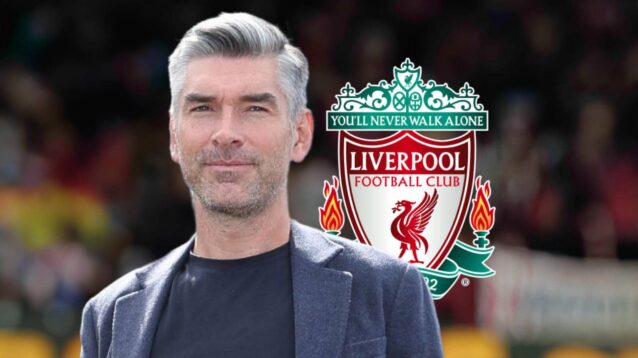 Liverpool sporting director Richard Hughes next to the Liverpool badge - copyright F365