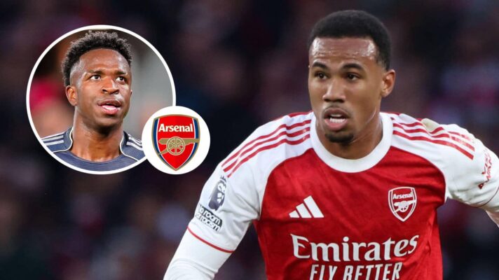 Real Madrid winger Vinicius Junior, Arsenal badge and Arsenal defender Gabriel - copyright F365