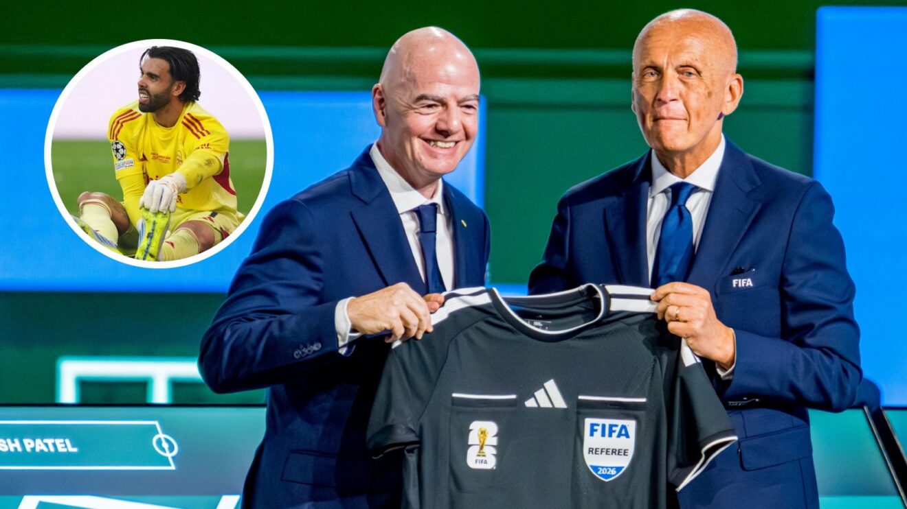 Gianni Infantino and Pierluigi Collina hold a referee's shirt and, inset, David Raya waits for treatment.