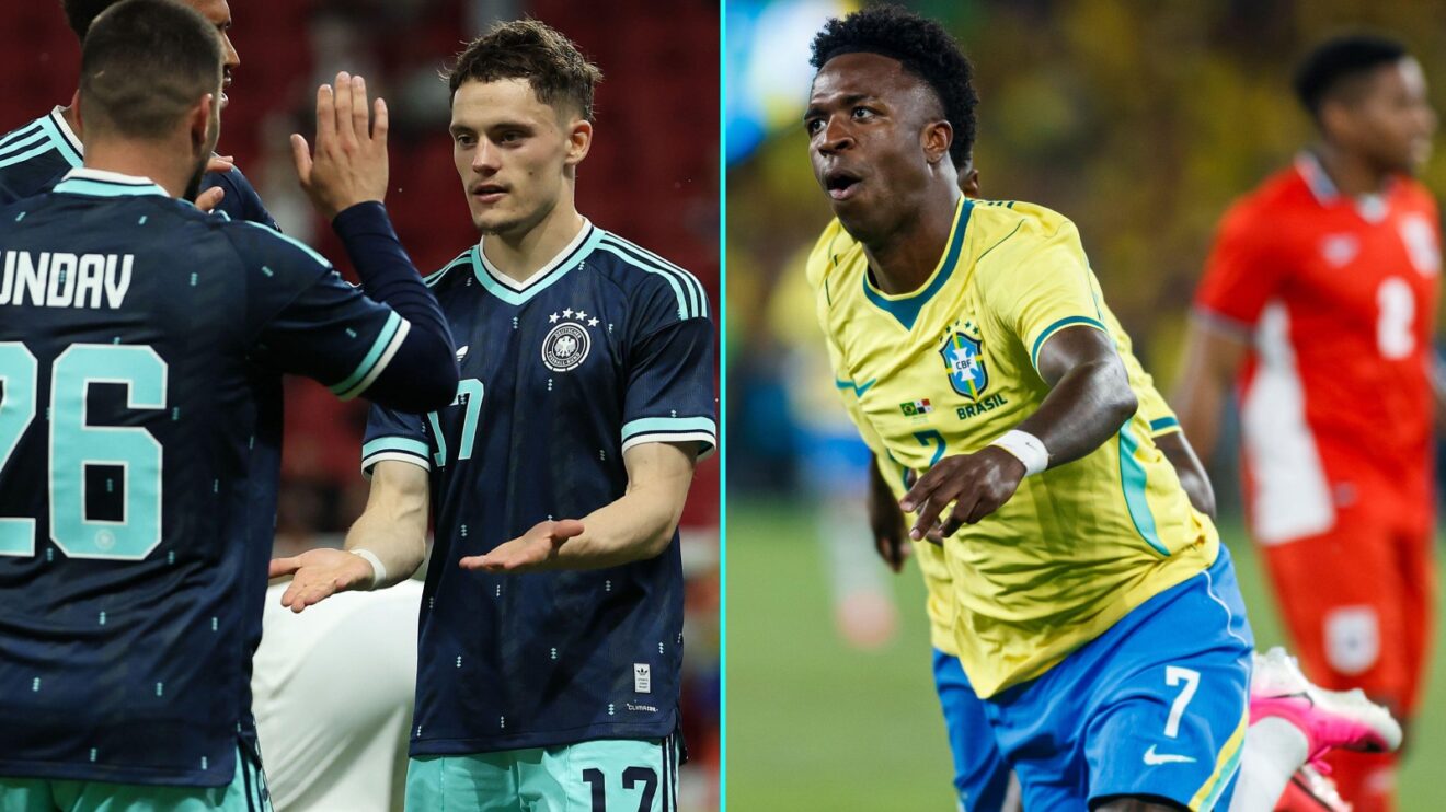 Florian Wirtz and Vinicius Jr celebrate goals in pre-World Cup friendlies.