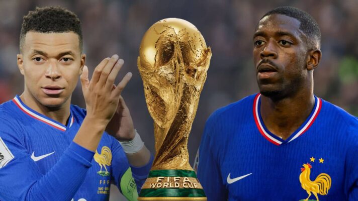 France's star duo Kylian Mbappe and Ousmane Dembele either side of the World Cup trophy