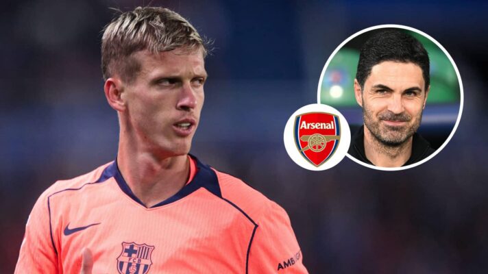 Barcelona star Dani Olmo, Arsenal badge and Mikel Arteta - copyright F365