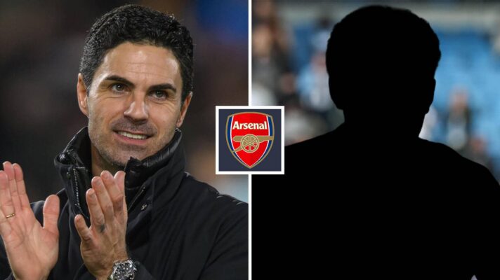 Split image of Arsenal manager Mikel Arteta and a shadow with the Arsenal badge in between - copyright F365