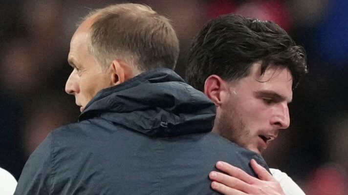 England manager Thomas Tuchel embraces midfielder Declan Rice