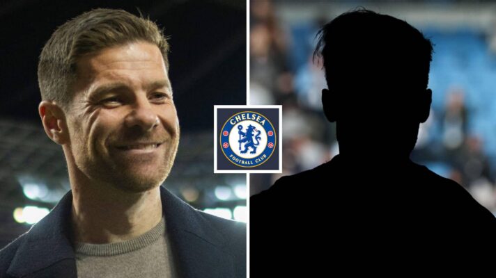 Split image of Incoming Chelsea manager Xabi Alonso and a shadow, with the Chelsea badge in between - copyright F365