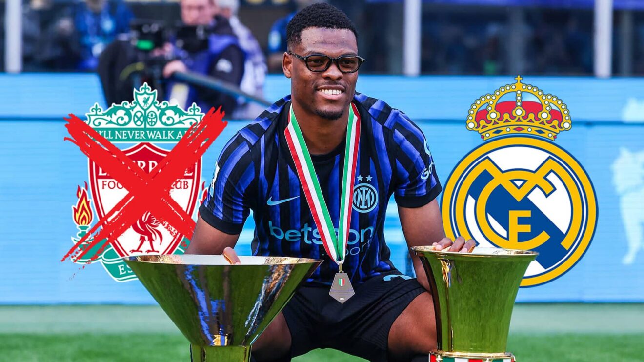 Gone across out Liverpool badge, Denzel Dumfries of Inter Milan and Real Madrid badge - copyright F365