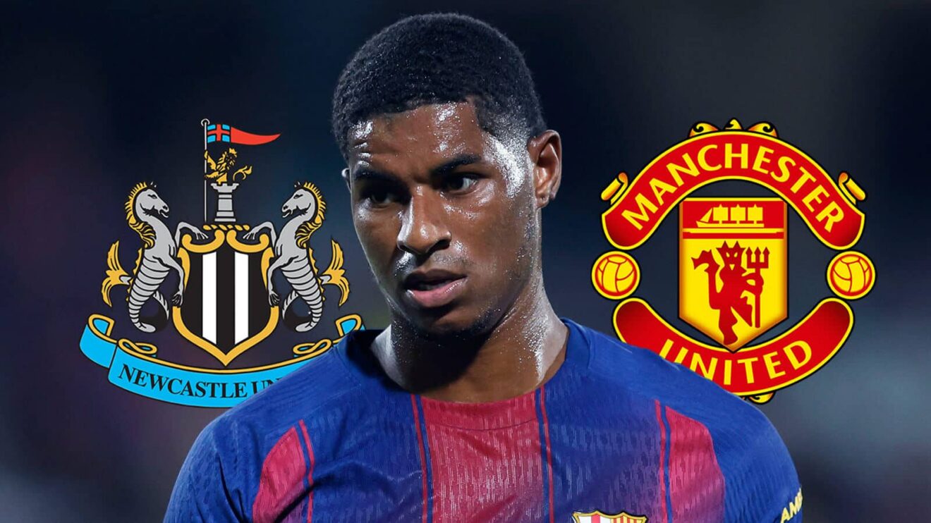Newcastle United badge, Barcelona loanee Marcus Rashford and Manchester United badge - copyright F365