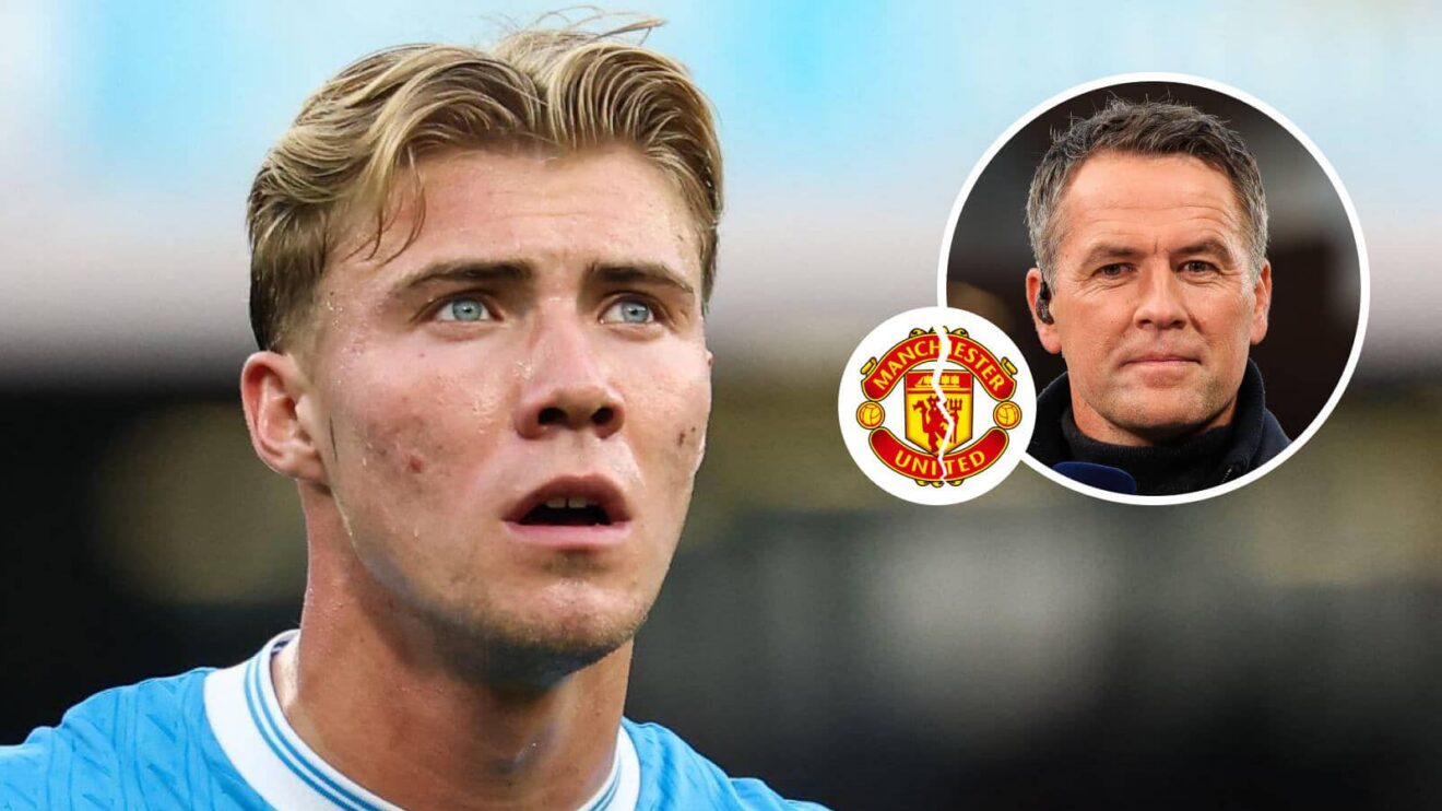 Napoli striker Rasmus Hojlund, Manchester United badge and also previous Manchester United striker Michael Owen - copyright F365