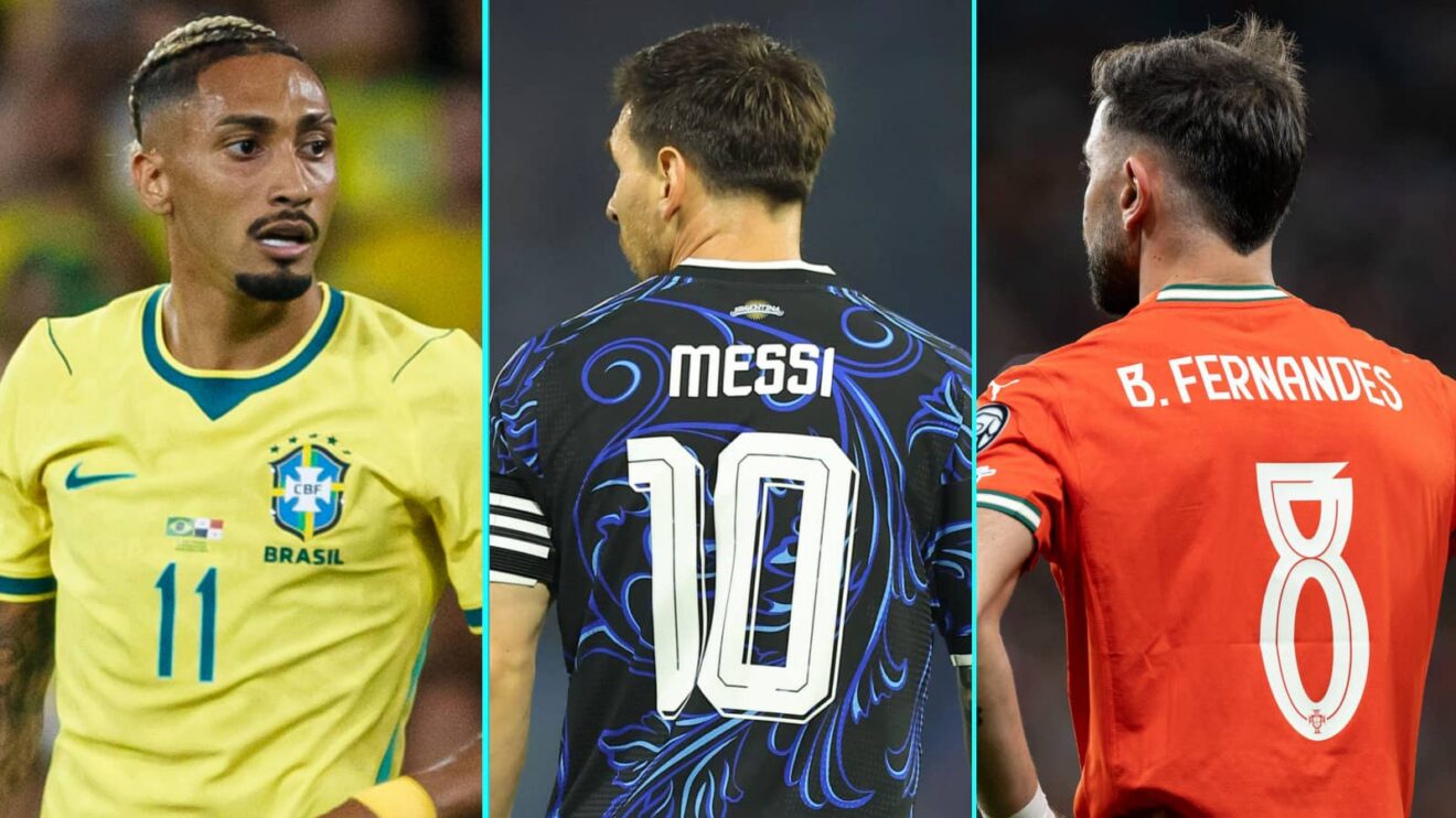 Raphinha in Brazil kit, Lionel Messi in Argentina kit and Bruno Fernandes in Portugal kit