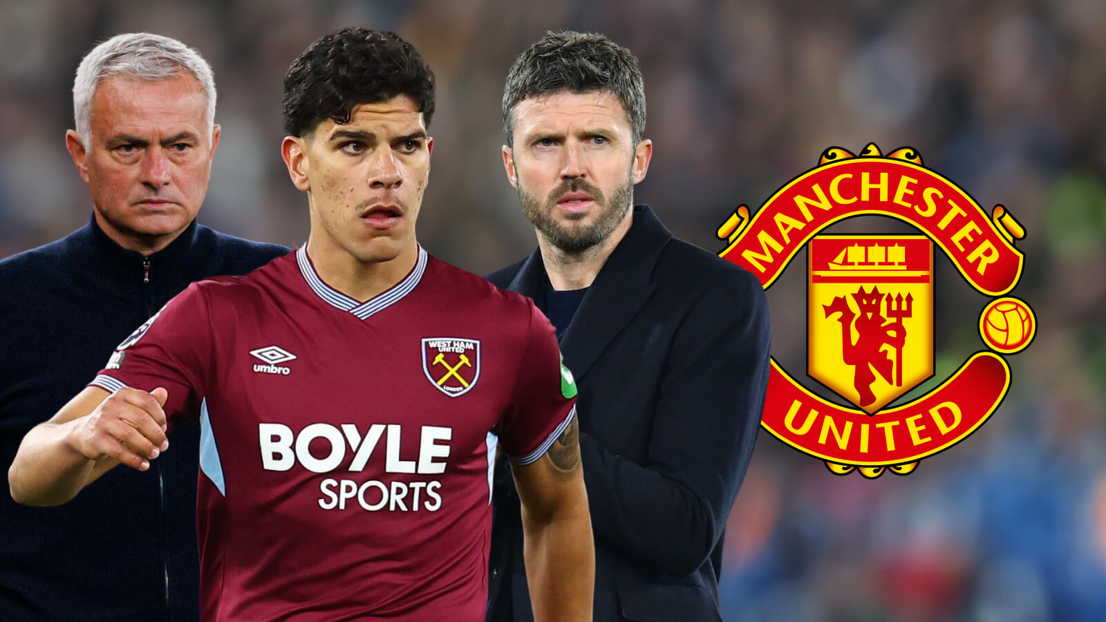 F365 Jose Mourinho and Michael Carrick with Mateus Fernandes in between them and a Manchester United badge 1 1