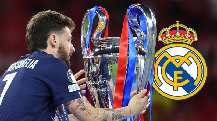 Paris Saint-Germain winger Khvicha Kvaratskhelia next to the Real Madrid badge - copyright F365