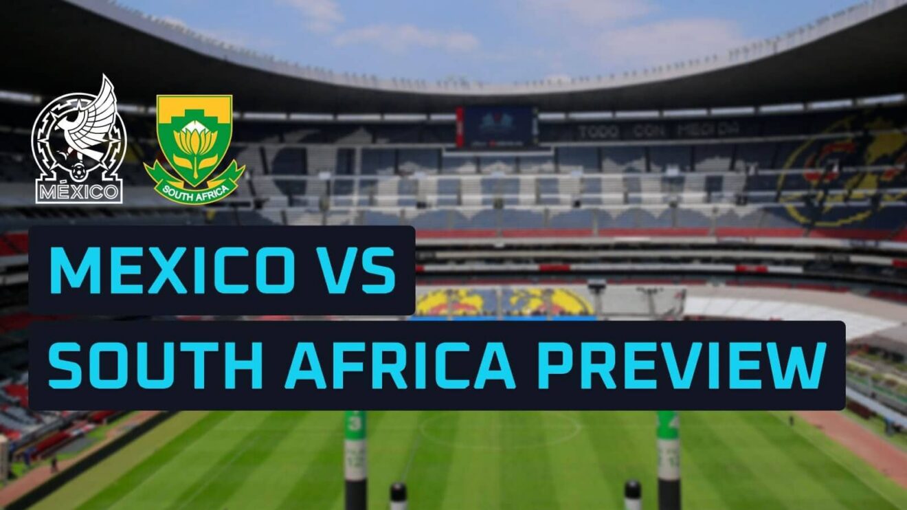 Mexico and South Africa badges on a backdrop of the Estadio Azteca.