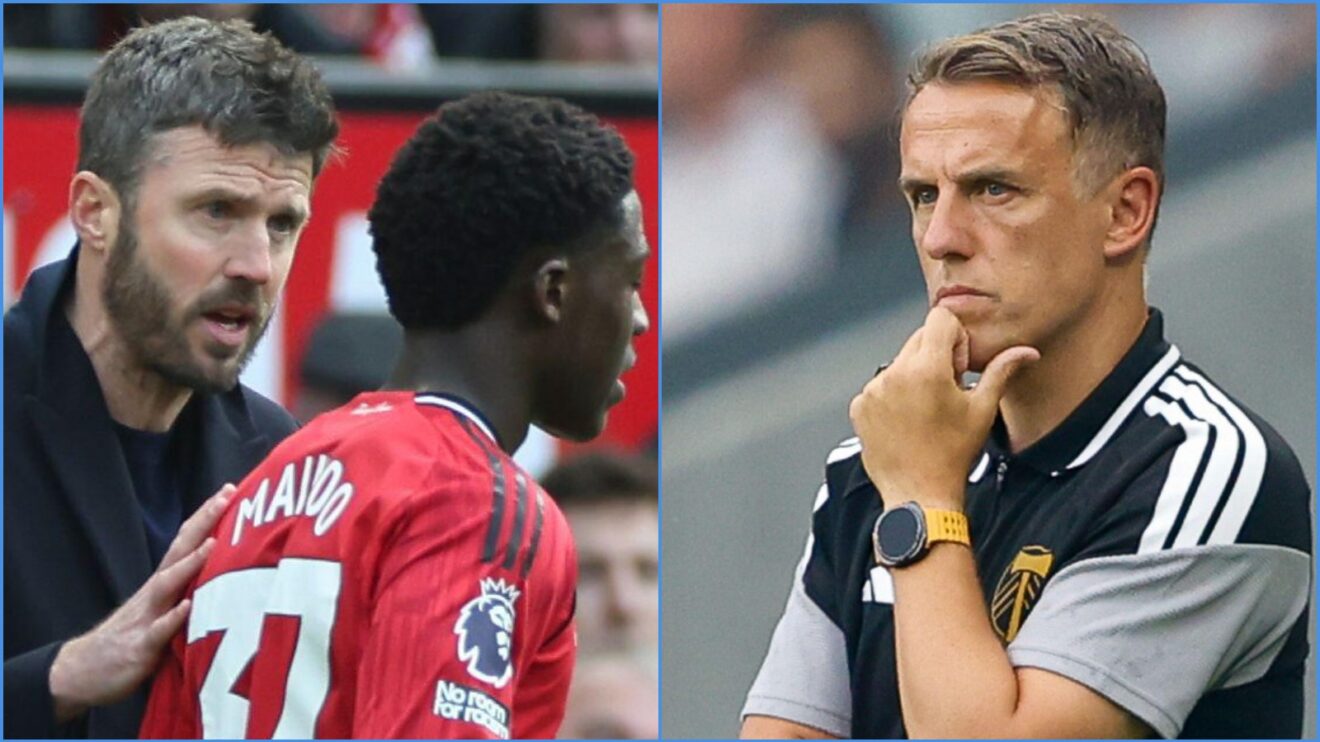 Michael Carrick and also Kobbie Mainoo of Male Utd, with Portland Timbers train Phil Neville