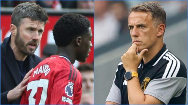 Michael Carrick and Kobbie Mainoo of Man Utd, with Portland Timbers coach Phil Neville