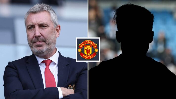 Split image of Manchester United director of football Jason Wilcox and a shadow, with the Manchester United badge in between - copyright F365