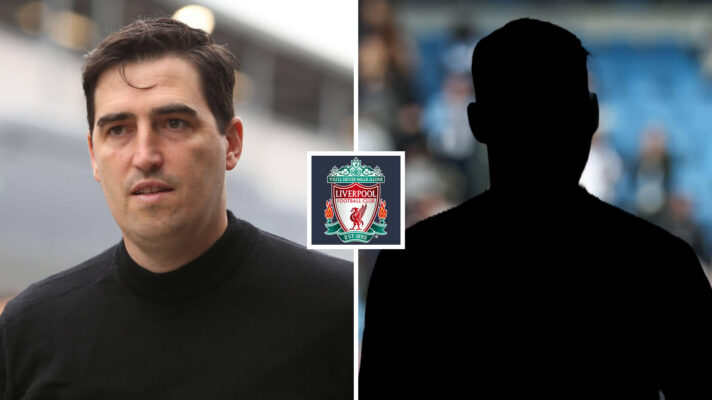 Split image of Liverpool manager Andoni Iraola and a shadow, with the Liverpool badge in between - copyright F365