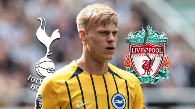 Tottenham Hotspur badge, Brighton defender Jan Paul van Hecke and a cracked Liverpool badge