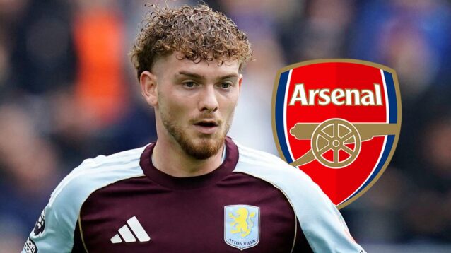 Aston Villa player Harvey Elliott with the Arsenal badge